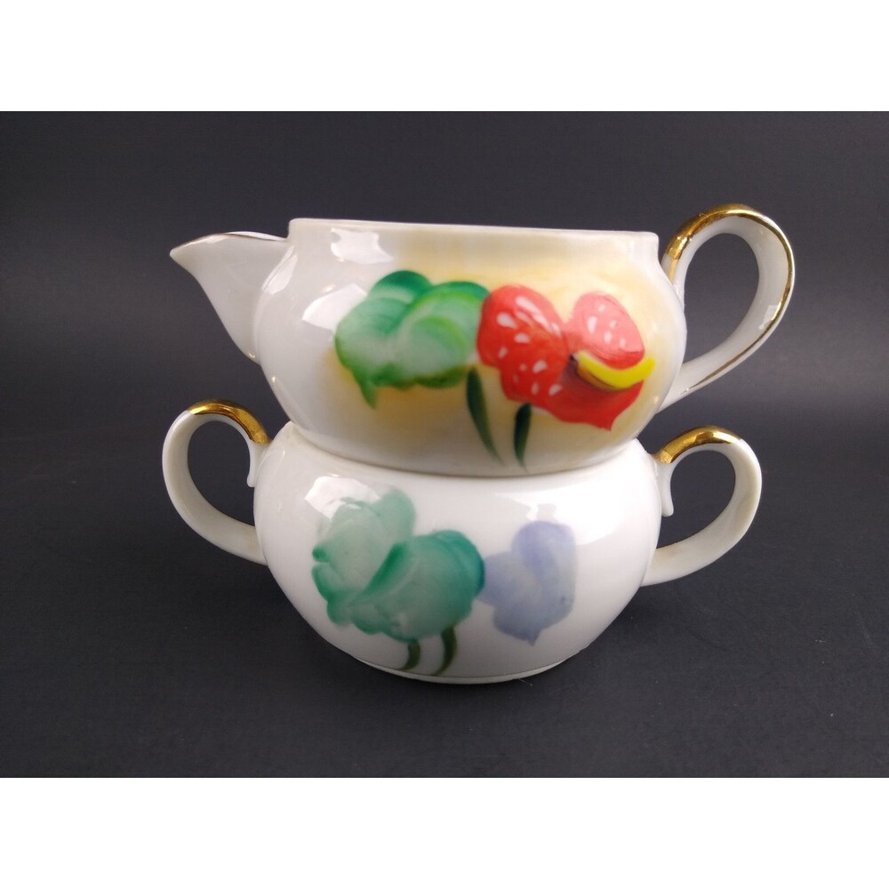 Stacking Cream and Sugar Bird of Paradise Floral Japan Vintage Hand Painted